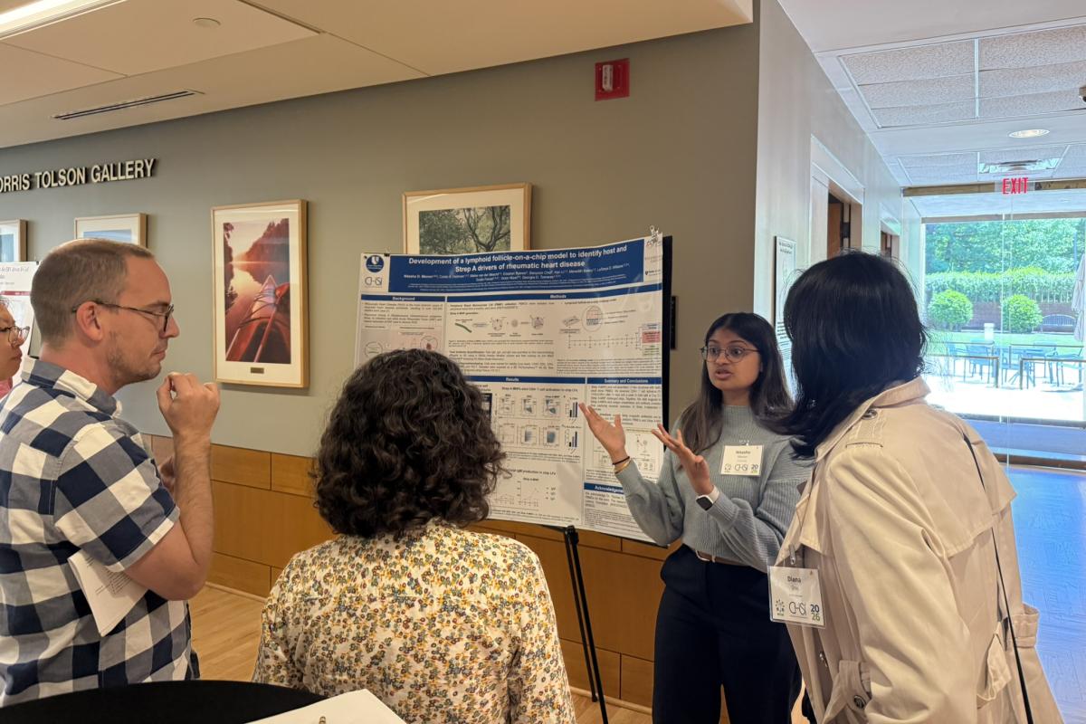Nitasha Menon presents research to Bruce Rogers, Veronica Ciocanel and Diana Dou.