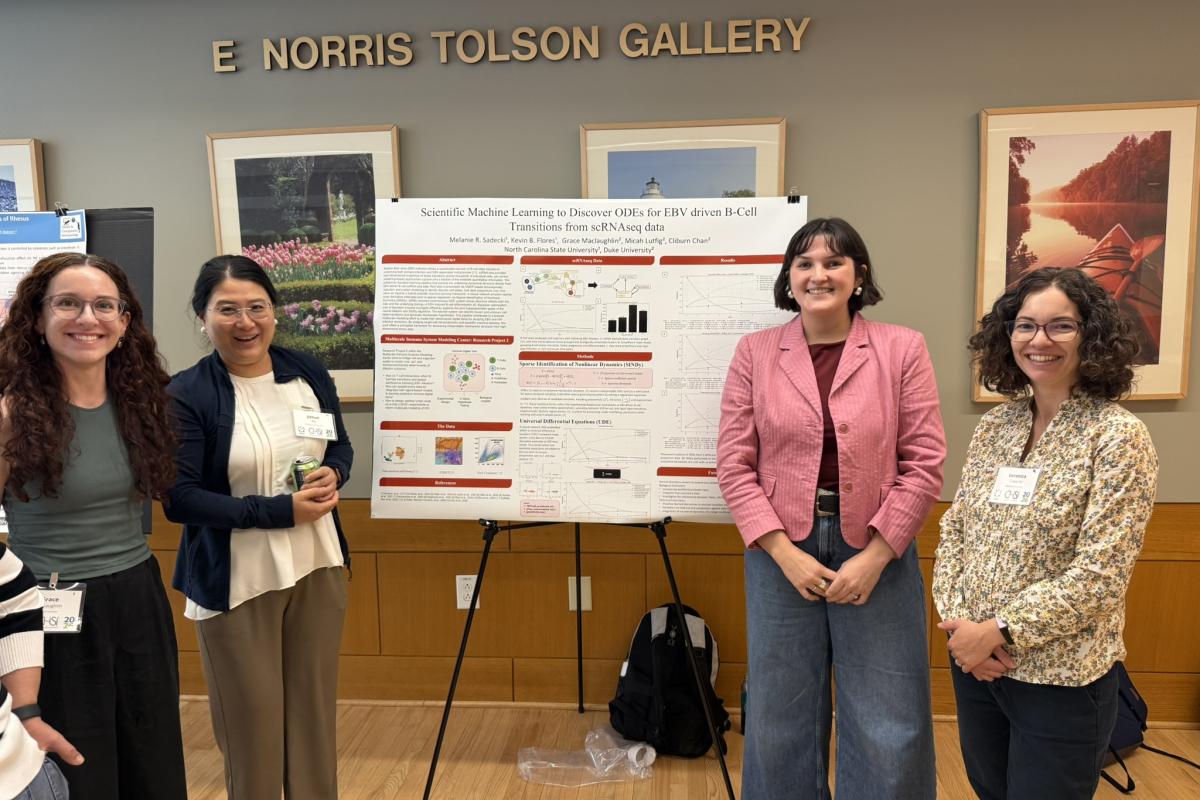Grace McLaughlin, PhD, Jichun Xie, PhD, Melanie Sadecki, PhD (Presenter) and Veronica Ciocanel, PhD attend the poster session.